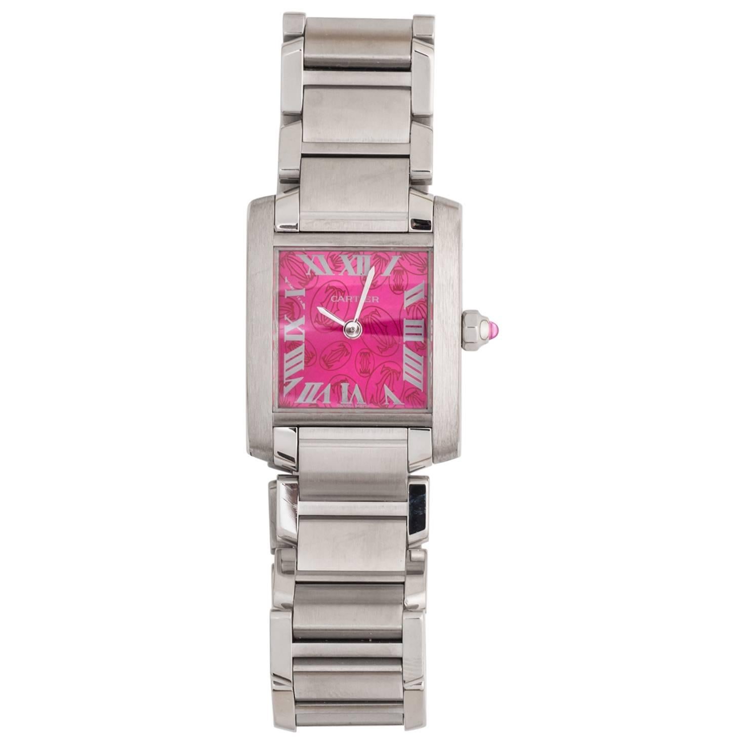 Cartier Stainless Steel Tank Francaise LtdEd Raspberry Quartz Wristwatch