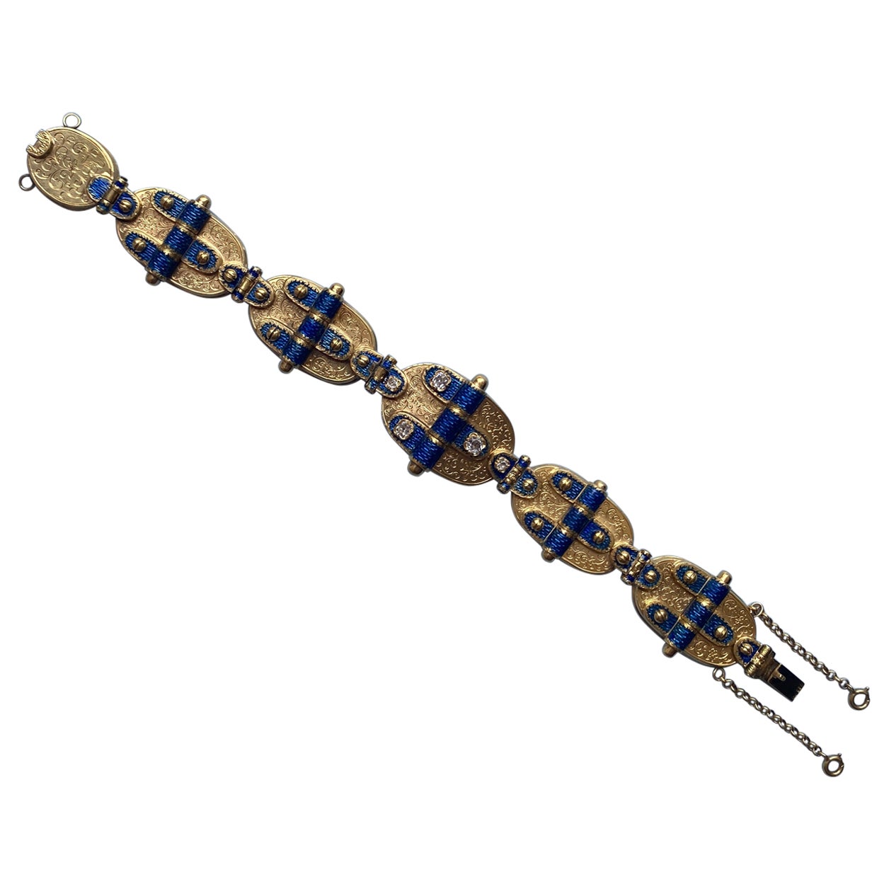 An 14 Carat Yellow Gold Antique Bracelet with Enamel and DIamonds
