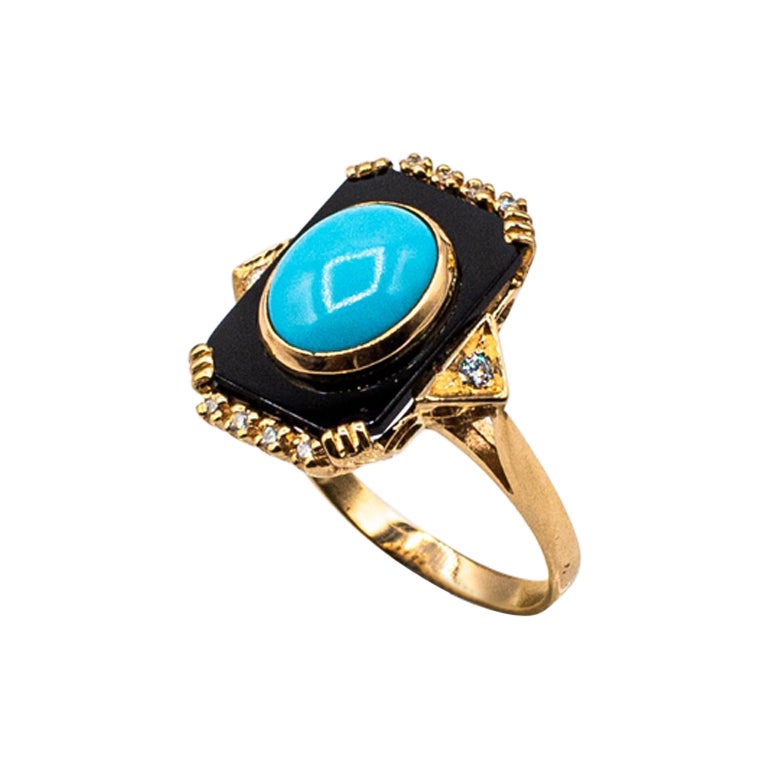 Art Deco Style Turquoise Onyx 0.18 Carat White Diamond Yellow Gold Cocktail Ring For Sale