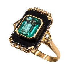 Art Deco-Cocktailring, weißer Diamant im Achteckschliff, Smaragd, Onyx, Gelbgold