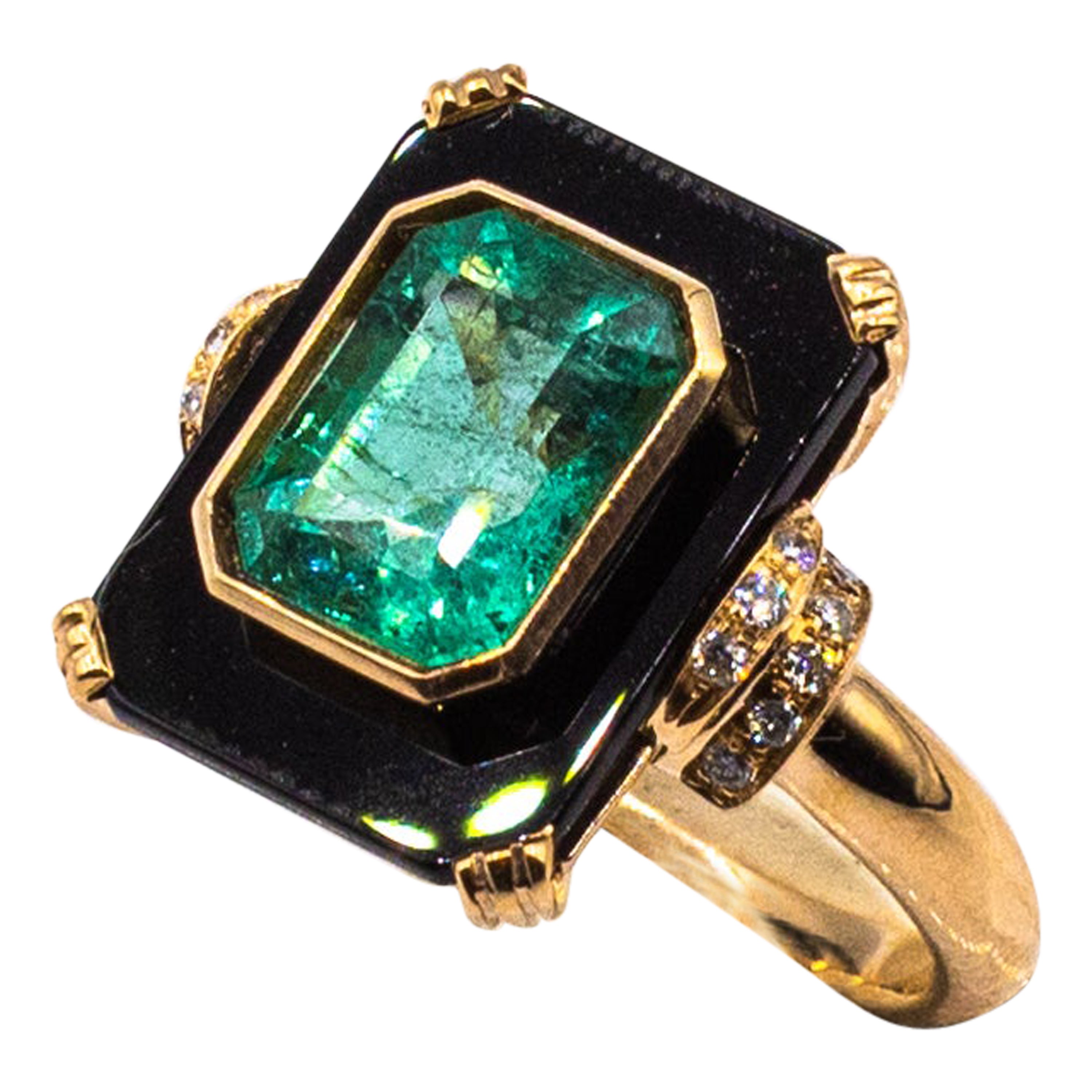 Art Deco Style White Diamond Octagon Cut Emerald Onyx Yellow Gold Cocktail Ring For Sale