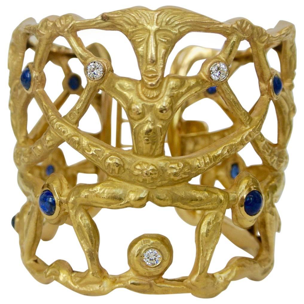 Sapphire Diamond and Gold Tribal Motif Cuff Bracelet Circa 1960