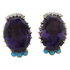 French 1960s Gold Diamond Amethyst Turquoise Earrings