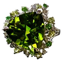 Handmade Platinum Diamond 8.43 Carat Trillion Peridot Engagement Ring