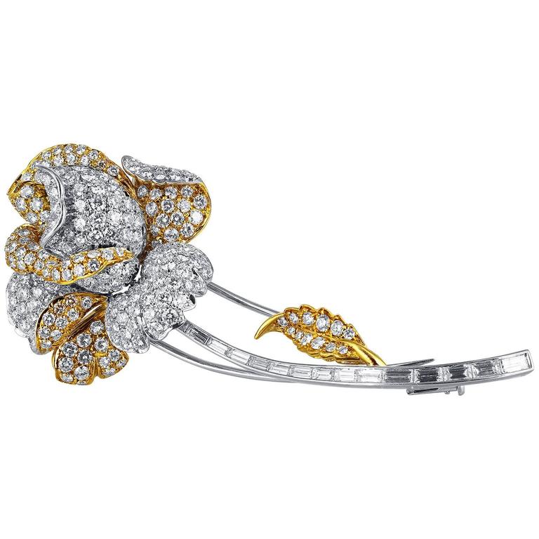 Diamond Gold Floral Brooch For Sale