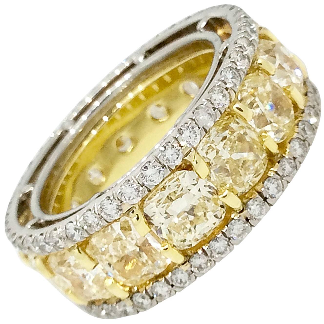 Cushion Fancy Yellow Eternity Diamond Ring in Platinum and 18k Yellow