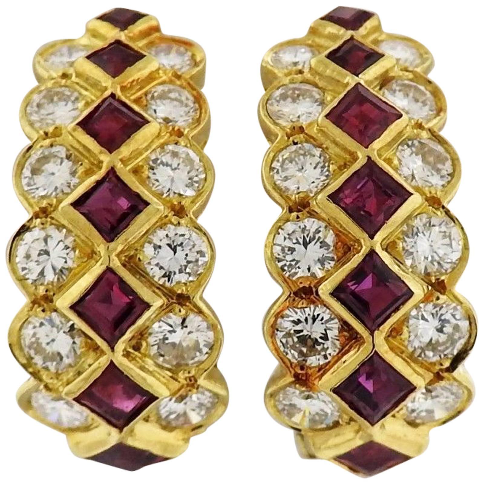 Tiffany & Co. Ruby Diamond Gold Half Hoop Earrings