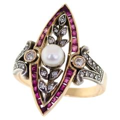 Beautiful Edwardian Pearl, Diamond & Ruby Ring