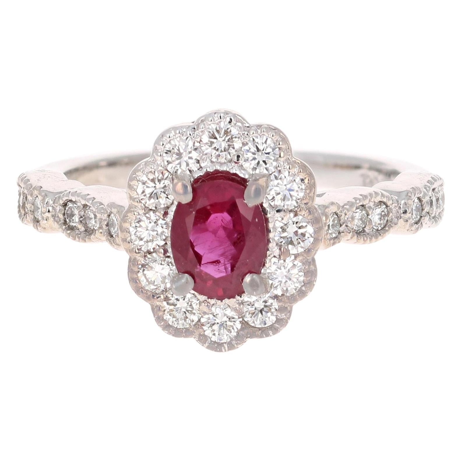 1.65 Carat Natural Ruby Diamond White Gold Bridal Ring For Sale