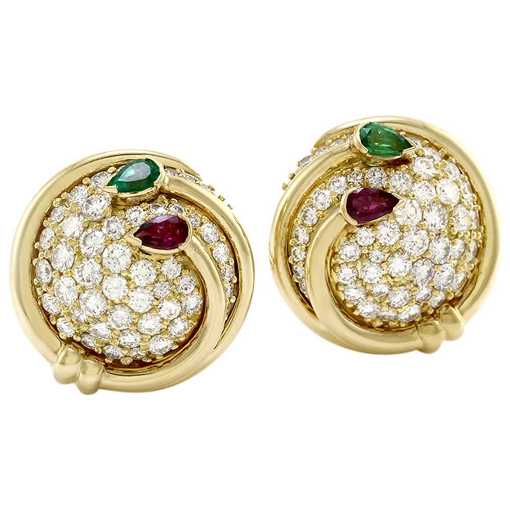 Hammerman Brothers Multi Gem Gold Button Earrings For Sale
