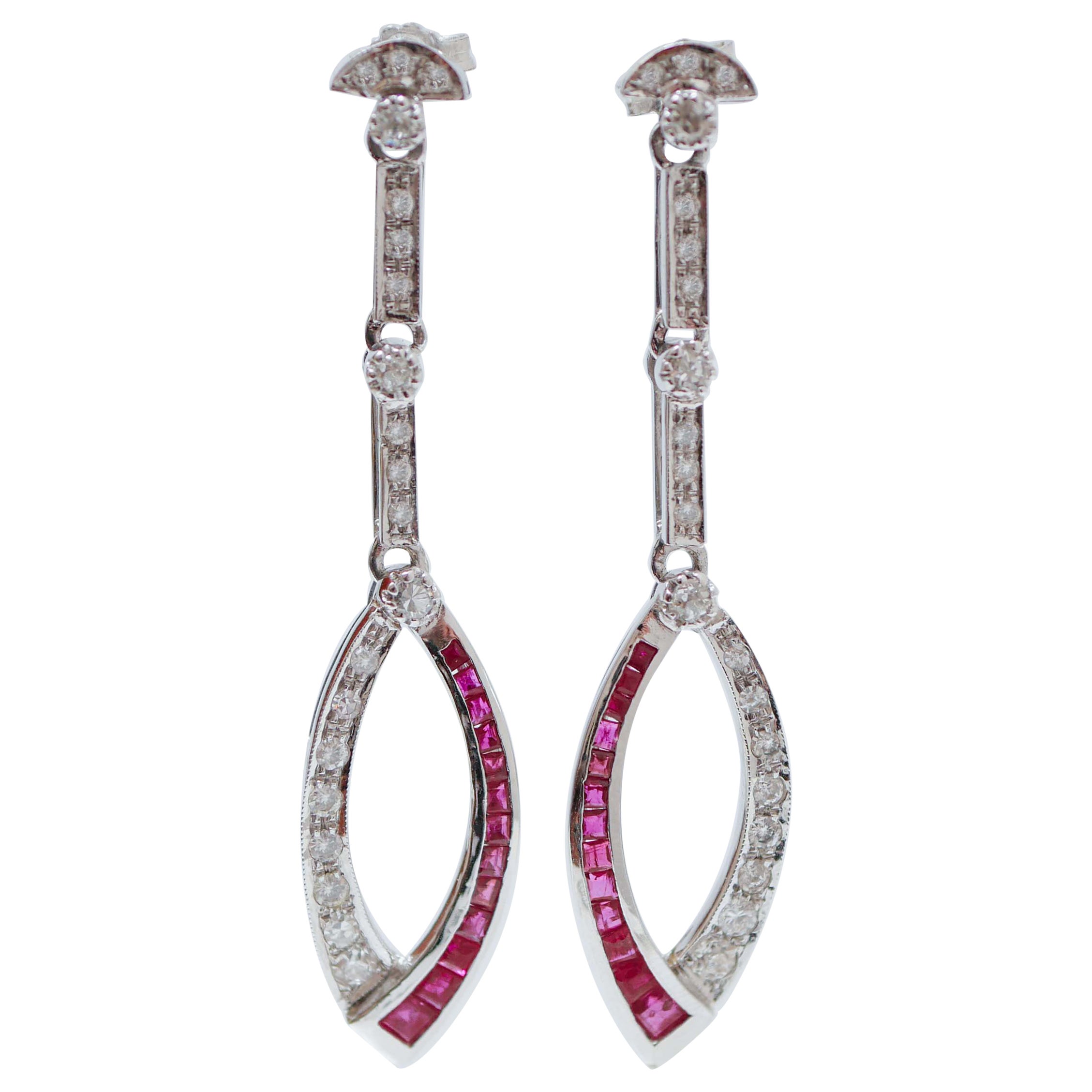 Rubies, Diamonds, 14 Karat White Gold Dangle Earrings. For Sale