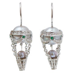 Emeralds, Diamonds, Grey Pearls, 14 Karat White Gold Hot Air Balloon Earrings