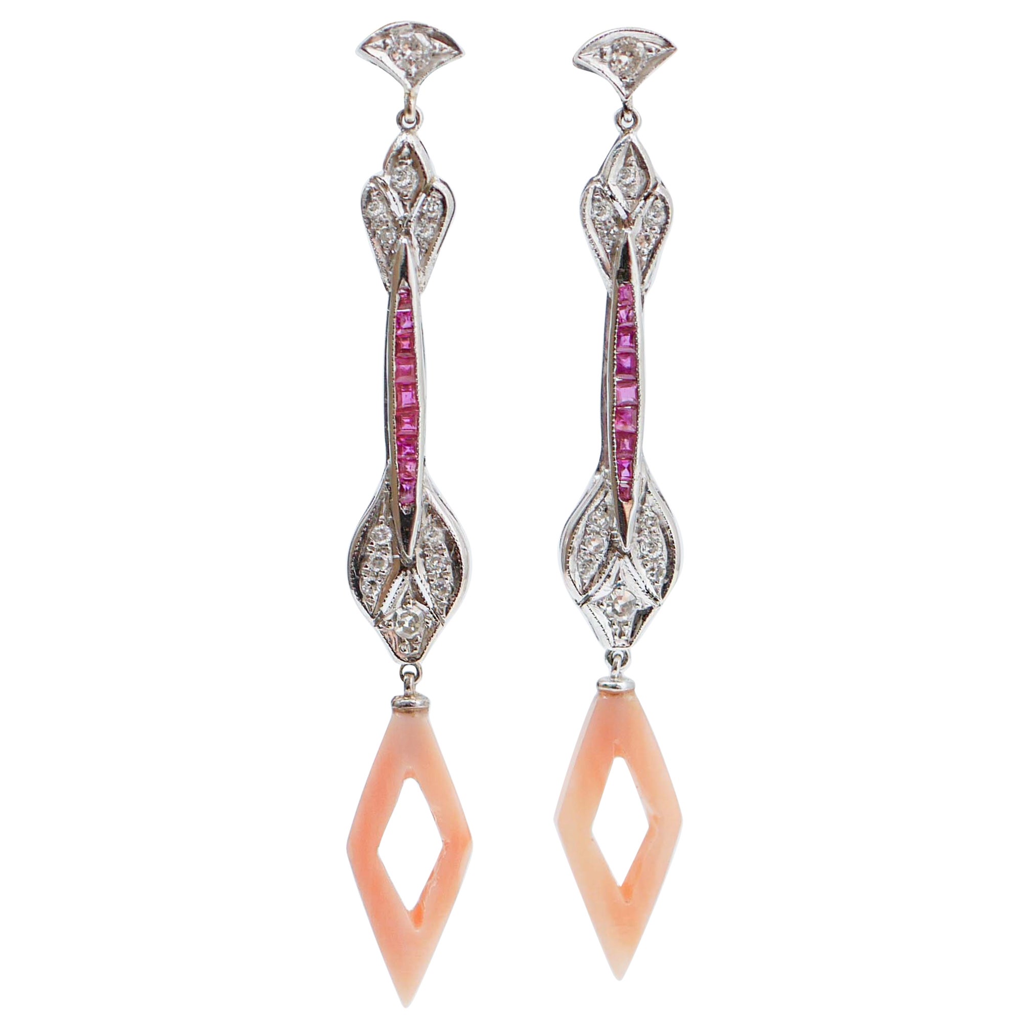 Pink Coral, Rubies, Diamonds, Platinum Dangle Earrings. For Sale