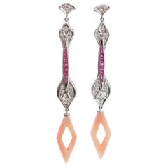 Retro Pink Coral, Rubies, Diamonds, Platinum Dangle Earrings.