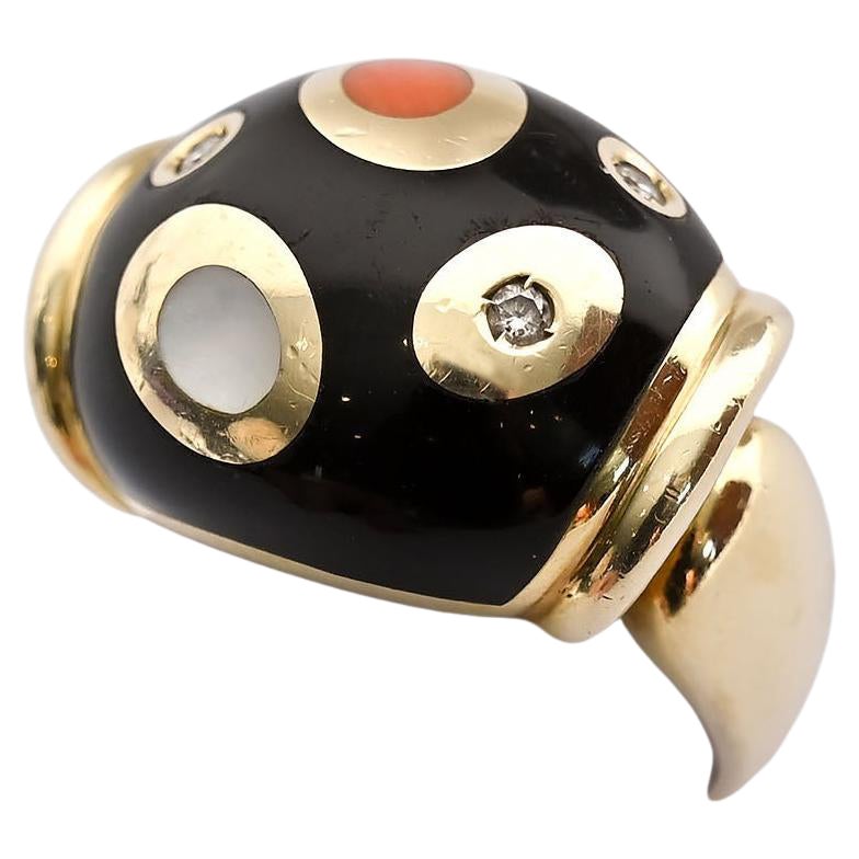Asch Grossbardt Black Onyx, Coral, Diamond and Mother of Pearl Ring For Sale