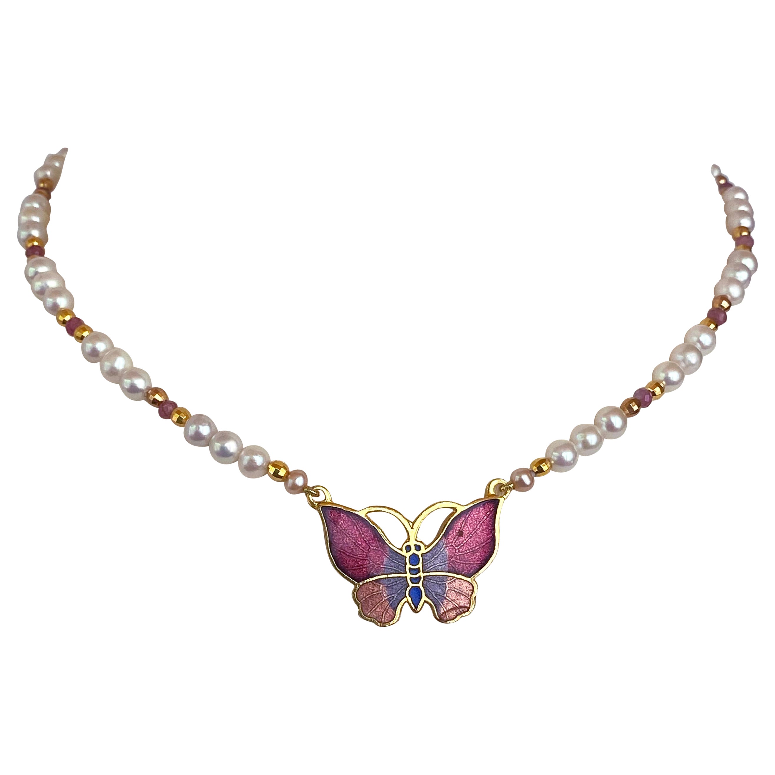 Marina J. Für Mädchen! Perlen-Halskette mit rosa Rubinen und Schmetterlingsbrosche