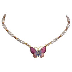 Marina J. For Girls! Pearl Necklace with Pink Rubies and Butterfly Brooch
