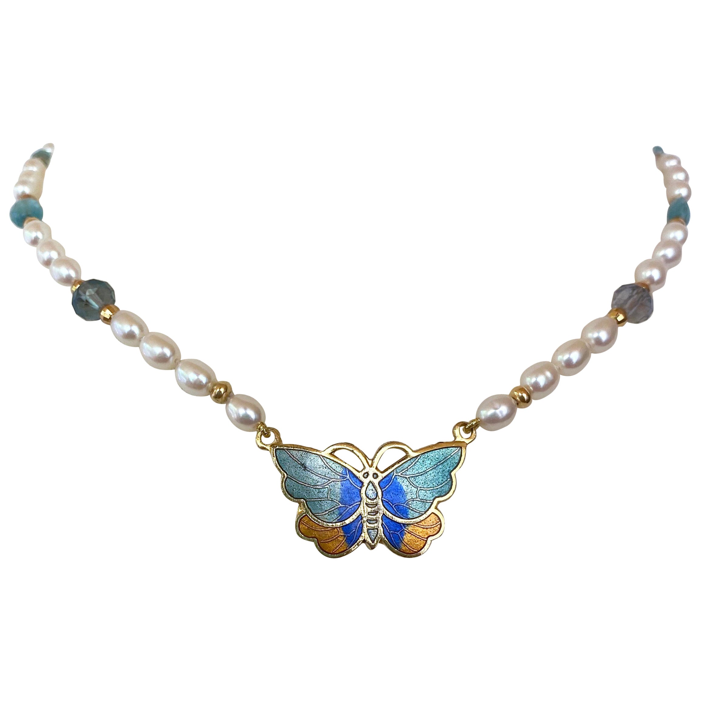 Marina J For Girls Pearl Necklace with Aquamarine & 18k Enameled Butterfly For Sale