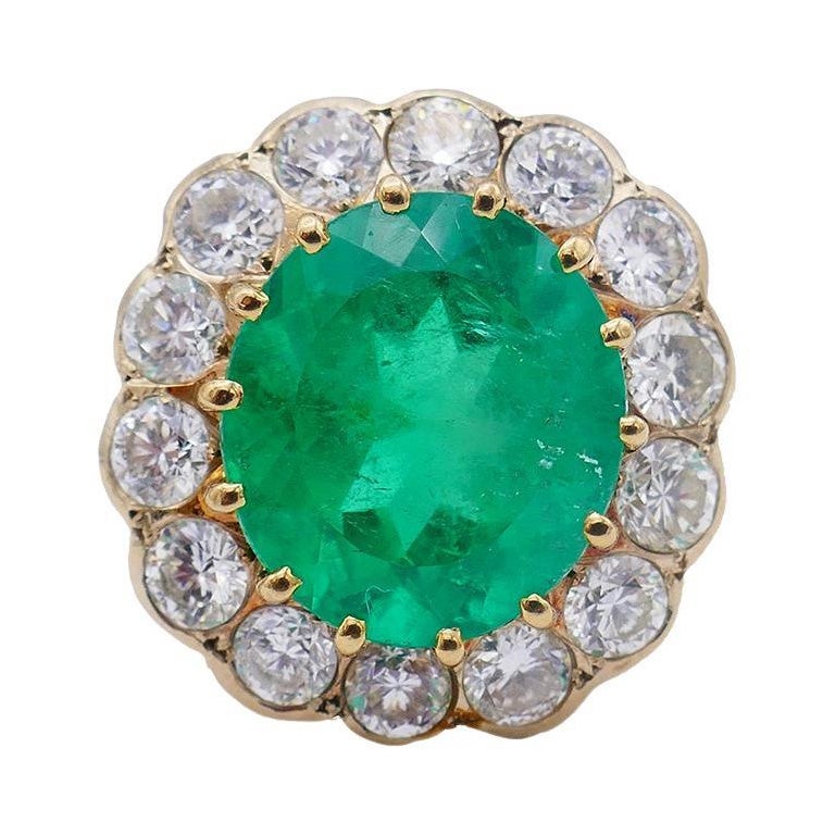 Vintage Ring 18k Gold Colombian Emerald GRS Report Diamond Cocktail French For Sale