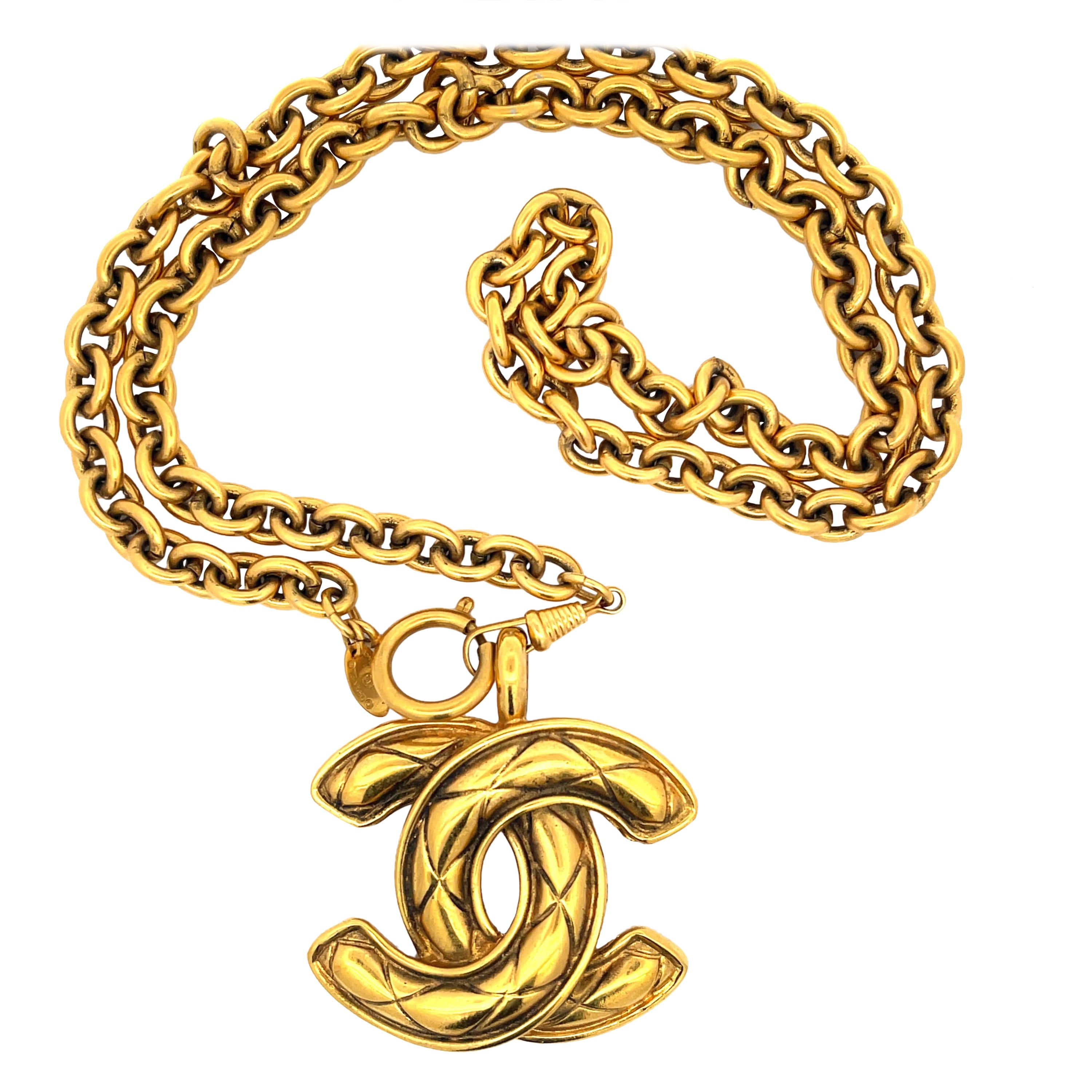 CHANEL Vintage Quilted CC Pendant and Chain For Sale