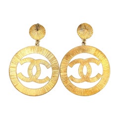 CHANEL Vintage Large CC Sunburst Hoop Drop Earrings