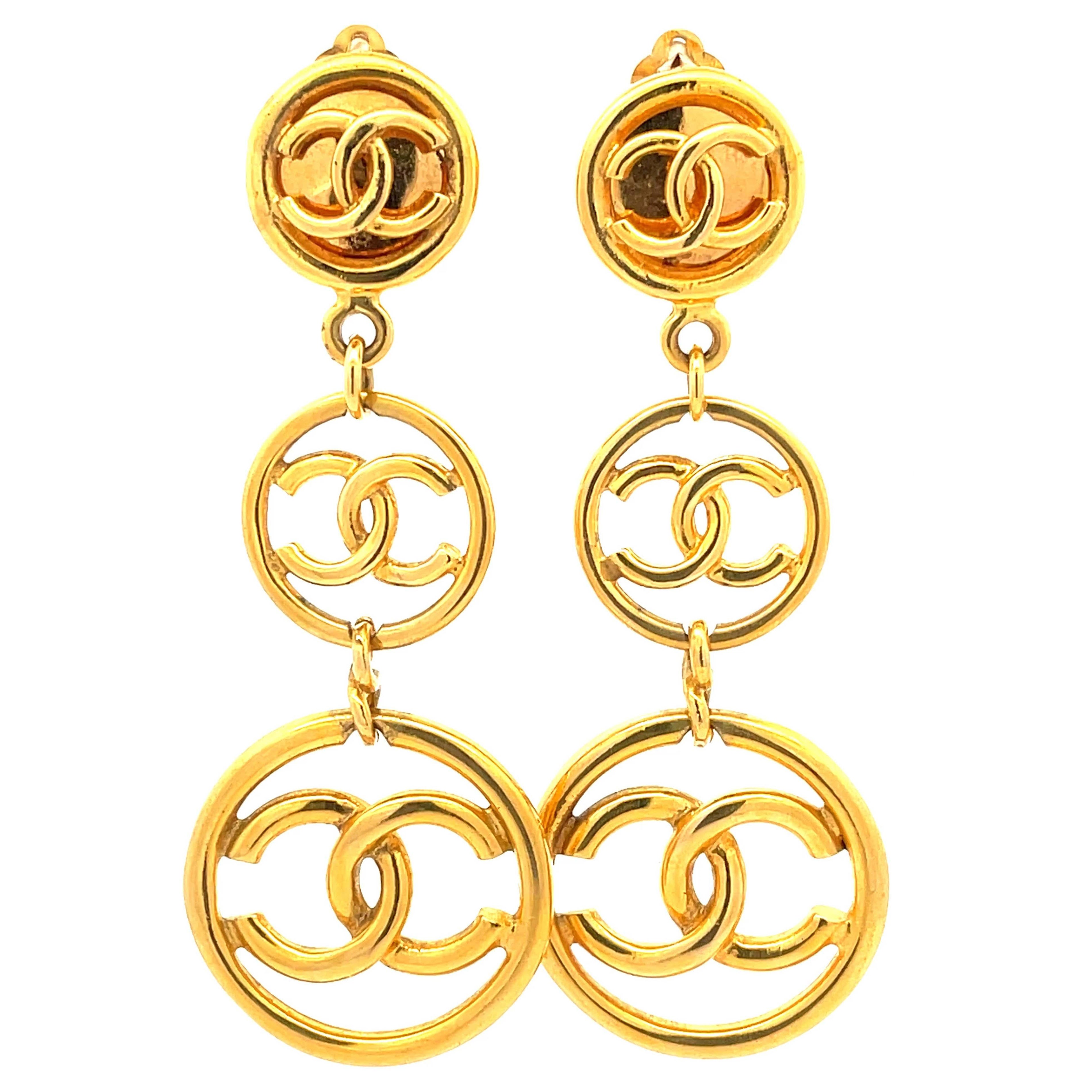 Chanel Runway Button Metal Logo Large Dangle Drop Statement Earrings