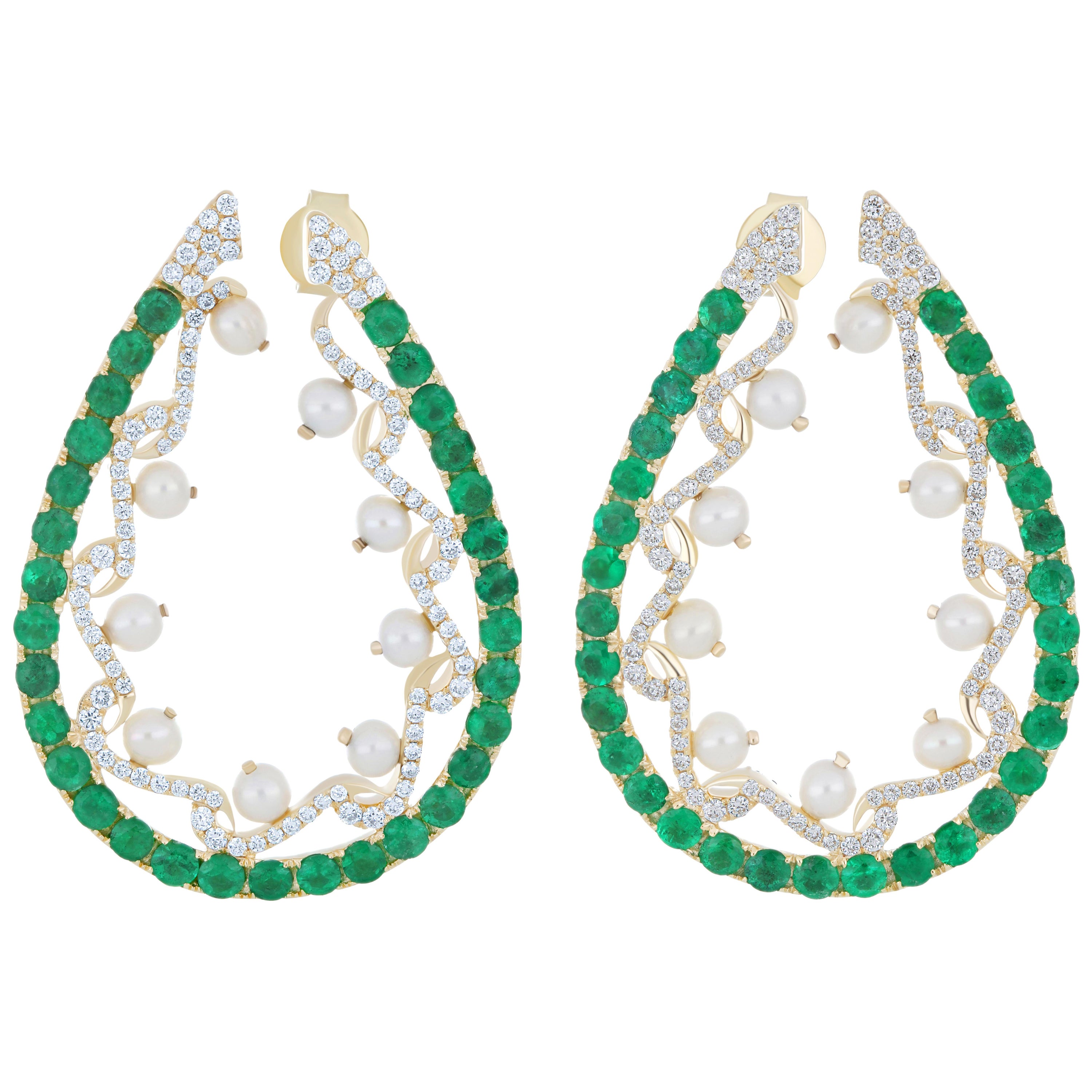 Emerald, Pearl and Diamond Stud Earrings in 14K Yellow Gold Hand-Craft Earring