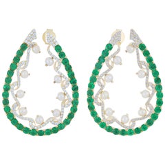 Emerald, Pearl and Diamond Stud Earrings in 14K Yellow Gold Hand-Craft Earring