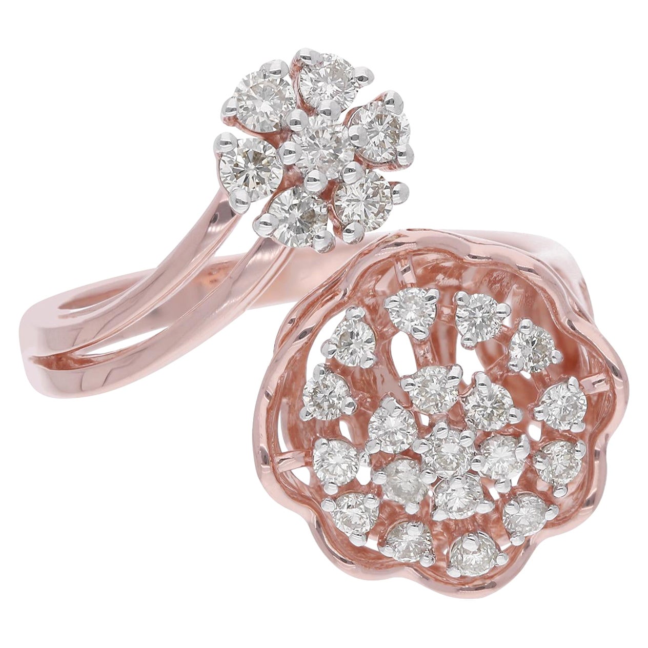 Bague enveloppante à fleurs en or rose 18 carats avec diamants pavés de 0,40 carat, faite à la main