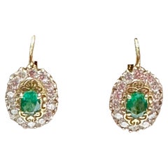 2 Carat Oval Shape Emerald & 2 Ct Diamond Lever back Earrings 14 Kt Yellow Gold