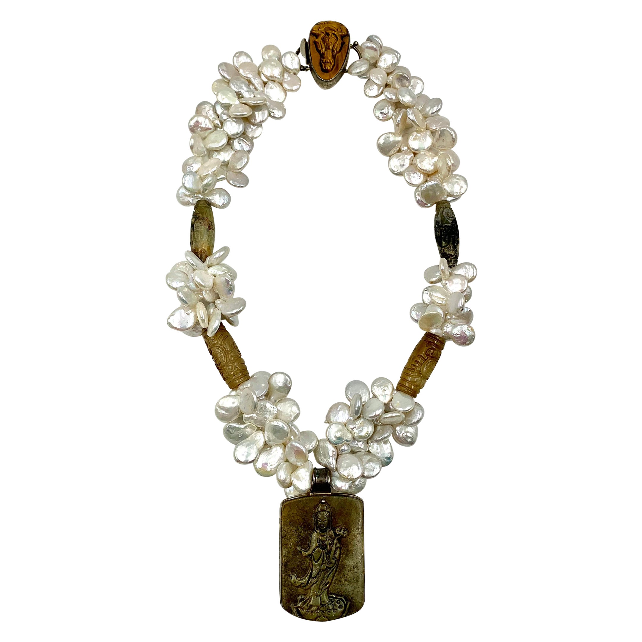 Estate A. Jeschel Asian Jade, Pearl, Tiger's Eye Statement Necklace