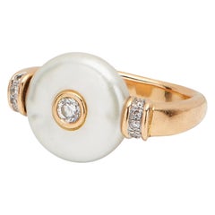 18 Karat Gold Pearl and Diamond Ring Size 52
