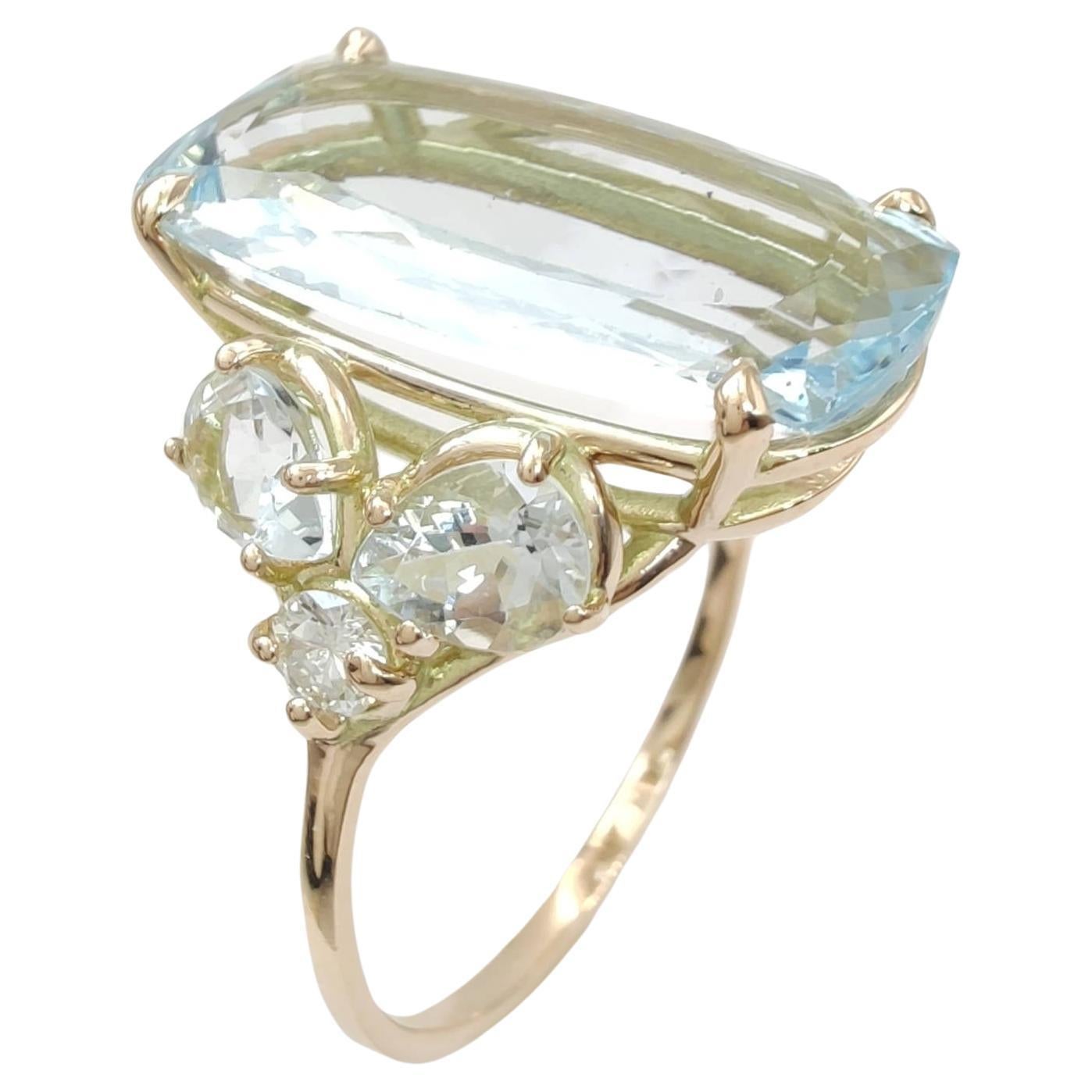 14K Gold Aquamarine & Diamond Cocktail Ring - Elegant Gift for Her Cerified ring