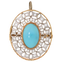 Vintage 18 Karat White and Yellow Gold Pendant and Hair Holder with Cabochon Turquoise