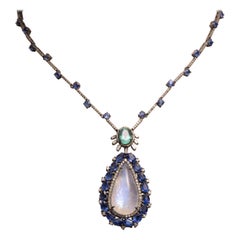 Rainbow Moonstone and Emerald Pendant Necklace with Diamonds and Kyanite Gems
