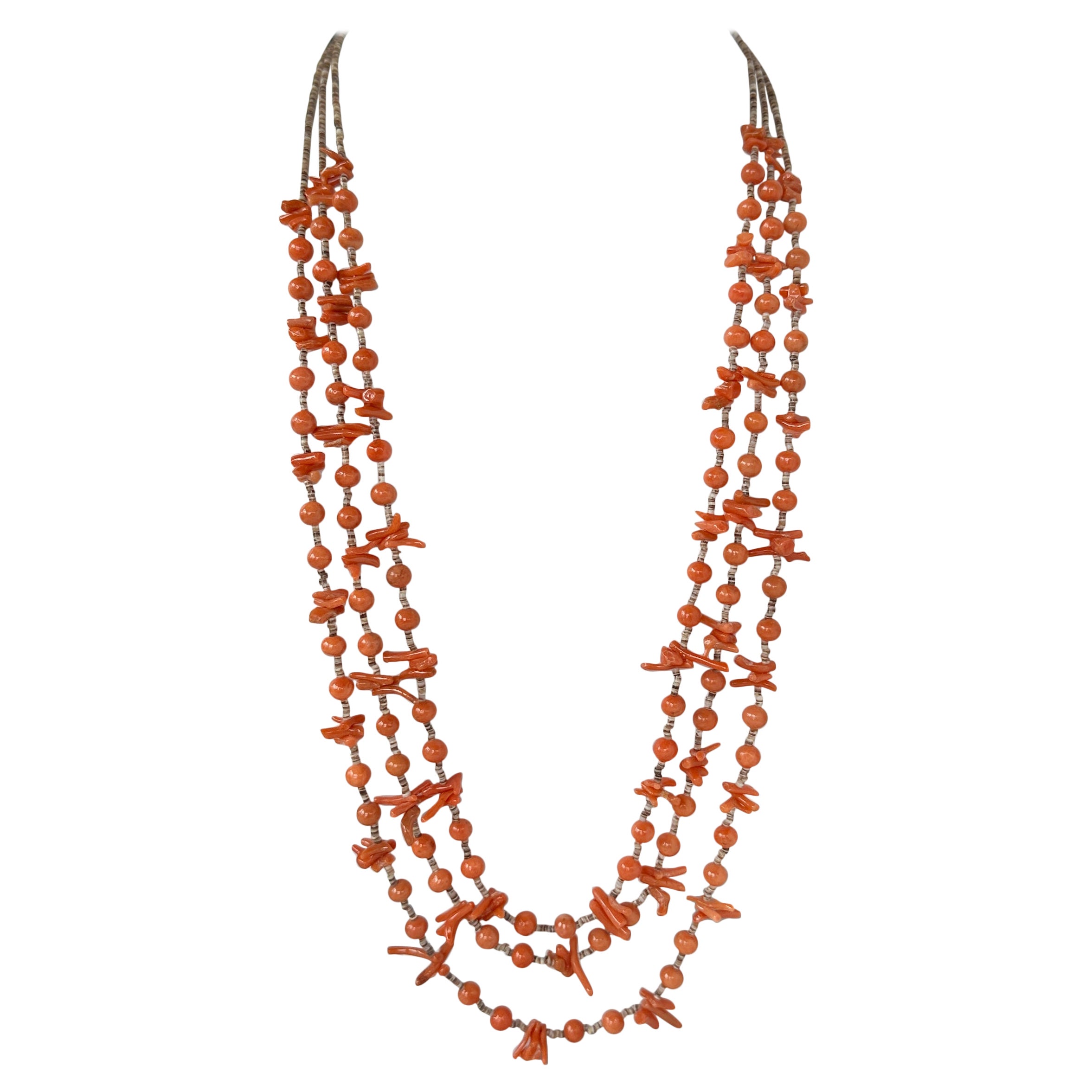 Antique Coral Necklace Native American Indian Santo Domingo Pueblo Heishi Beads  For Sale