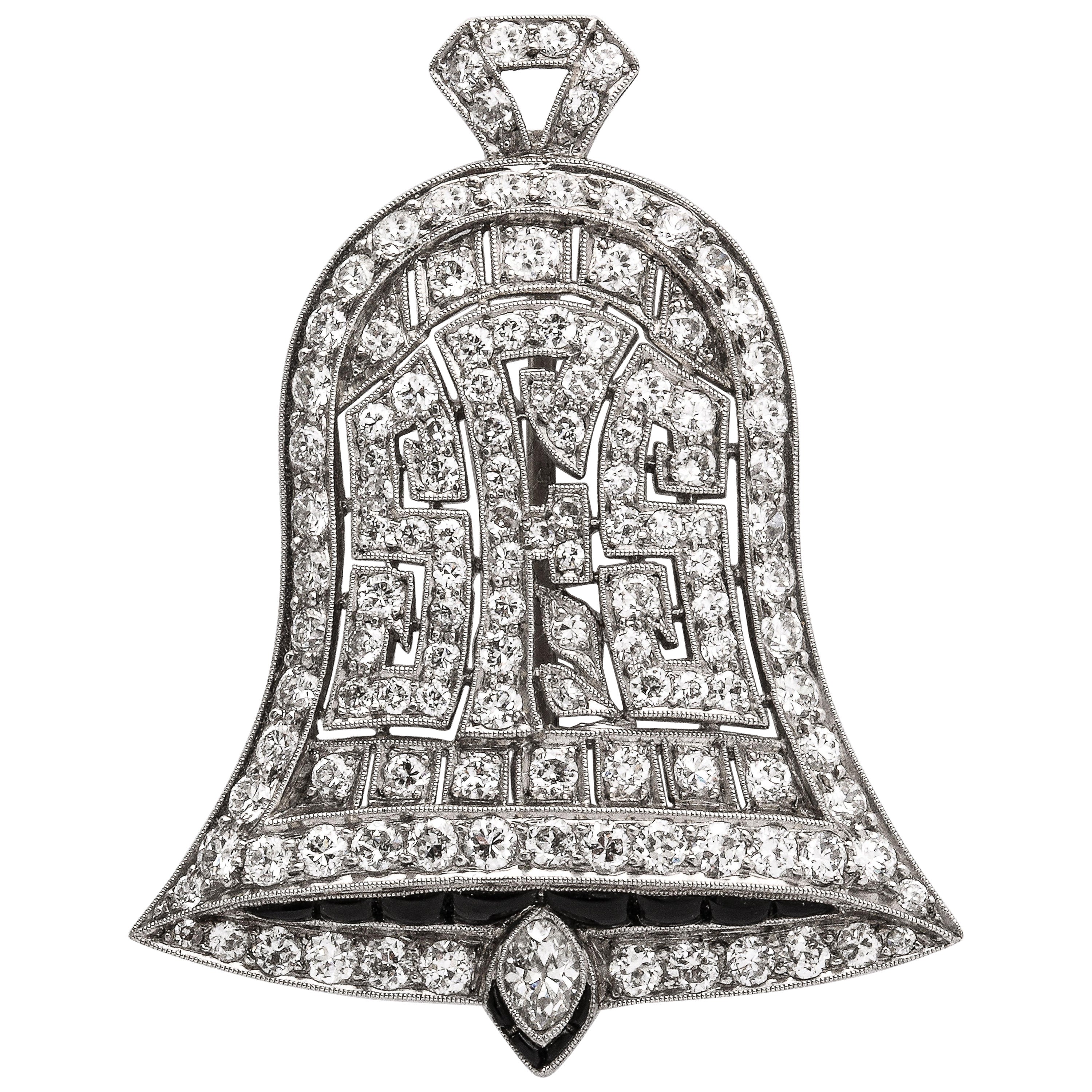 Broche ancienne de style édouardien en forme de cloche avec pendentif en diamant et en onyx, c. 1914 en vente