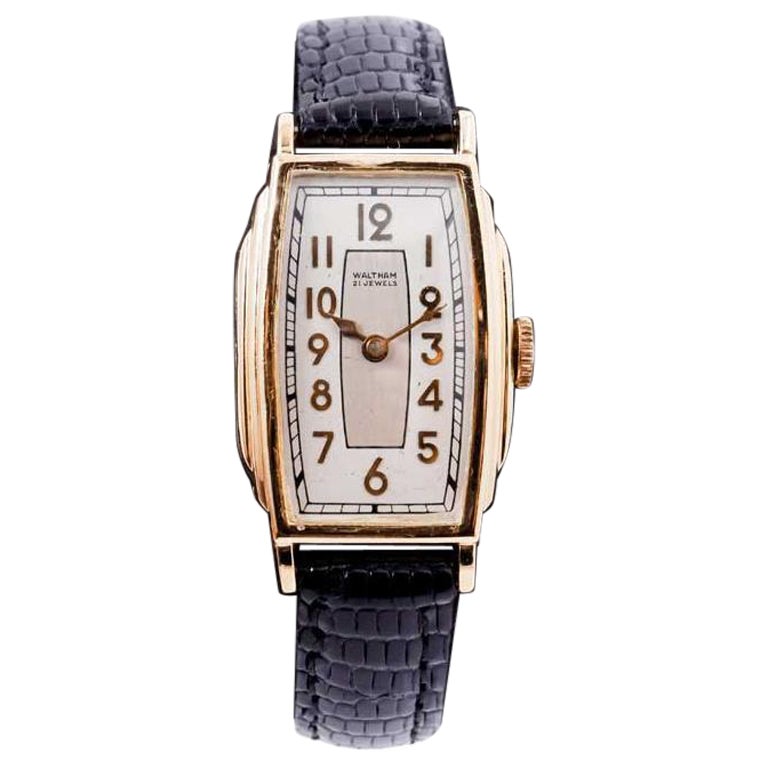 Waltham Yellow Gold Filled Art Deco Tonneau Shaped Watch from 1934 For Sale