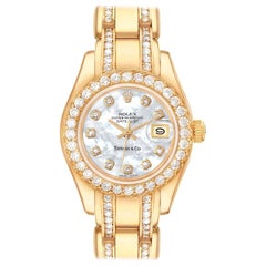 Used Rolex Pearlmaster Yellow Gold Tiffany Mother Of Pearl Diamond Ladies Watch 
