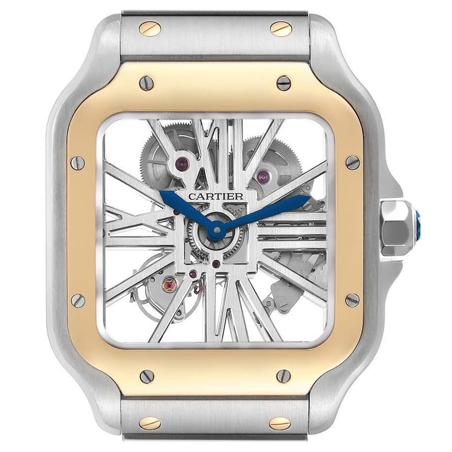 Cartier Montre Santos Skeleton Horloge en acier et or jaune avec carte de visite WHSA0019 en vente