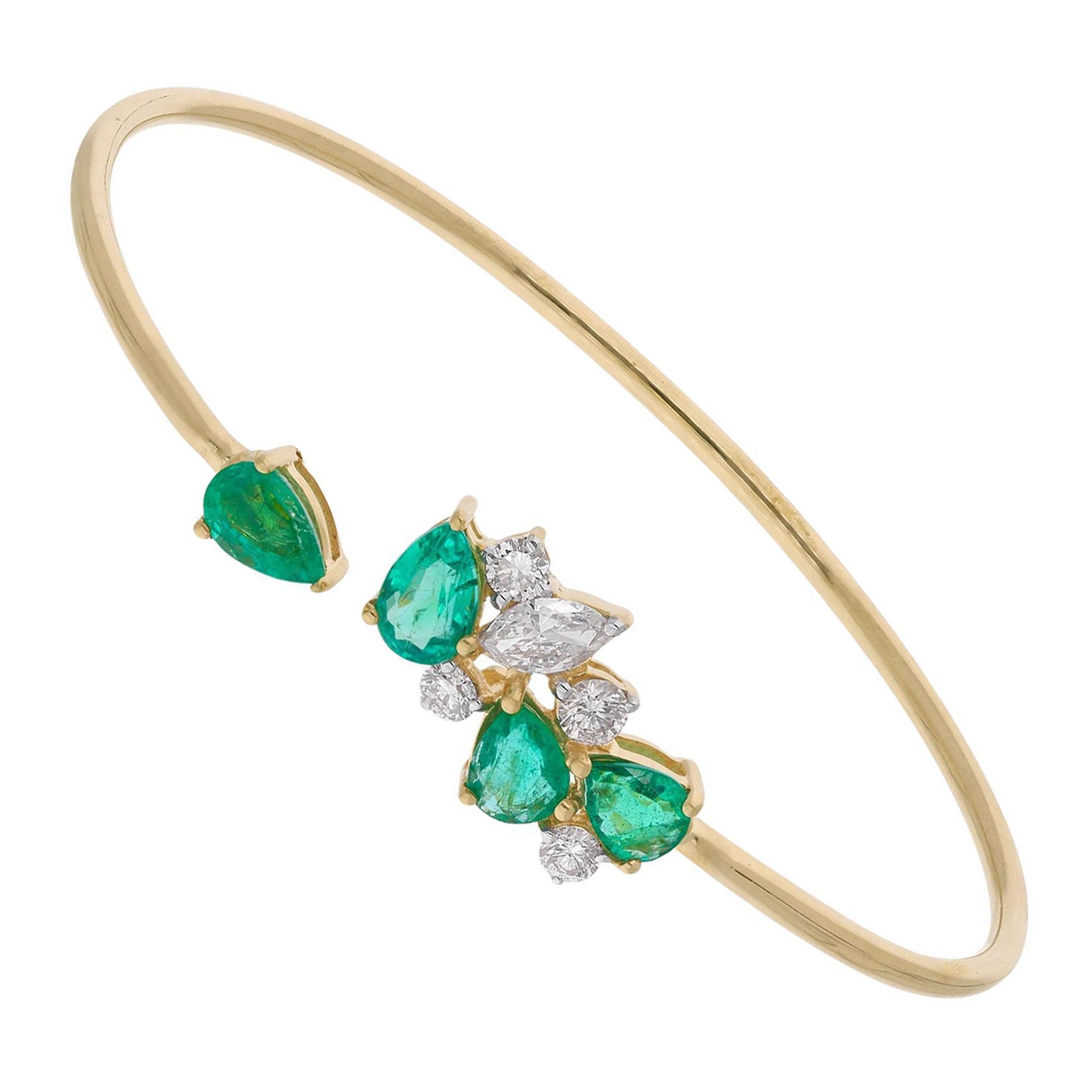 Zambian Emerald Gemstone Cuff Bangle Fine Bracelet Diamond 14 Karat Yellow Gold For Sale