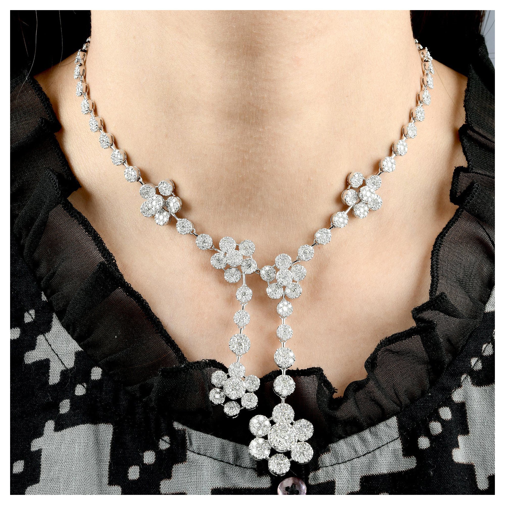 Pendientes Flor Diamante Natural 9.23 Quilates Oro Blanco 14 Kilates Joyería Artesanal