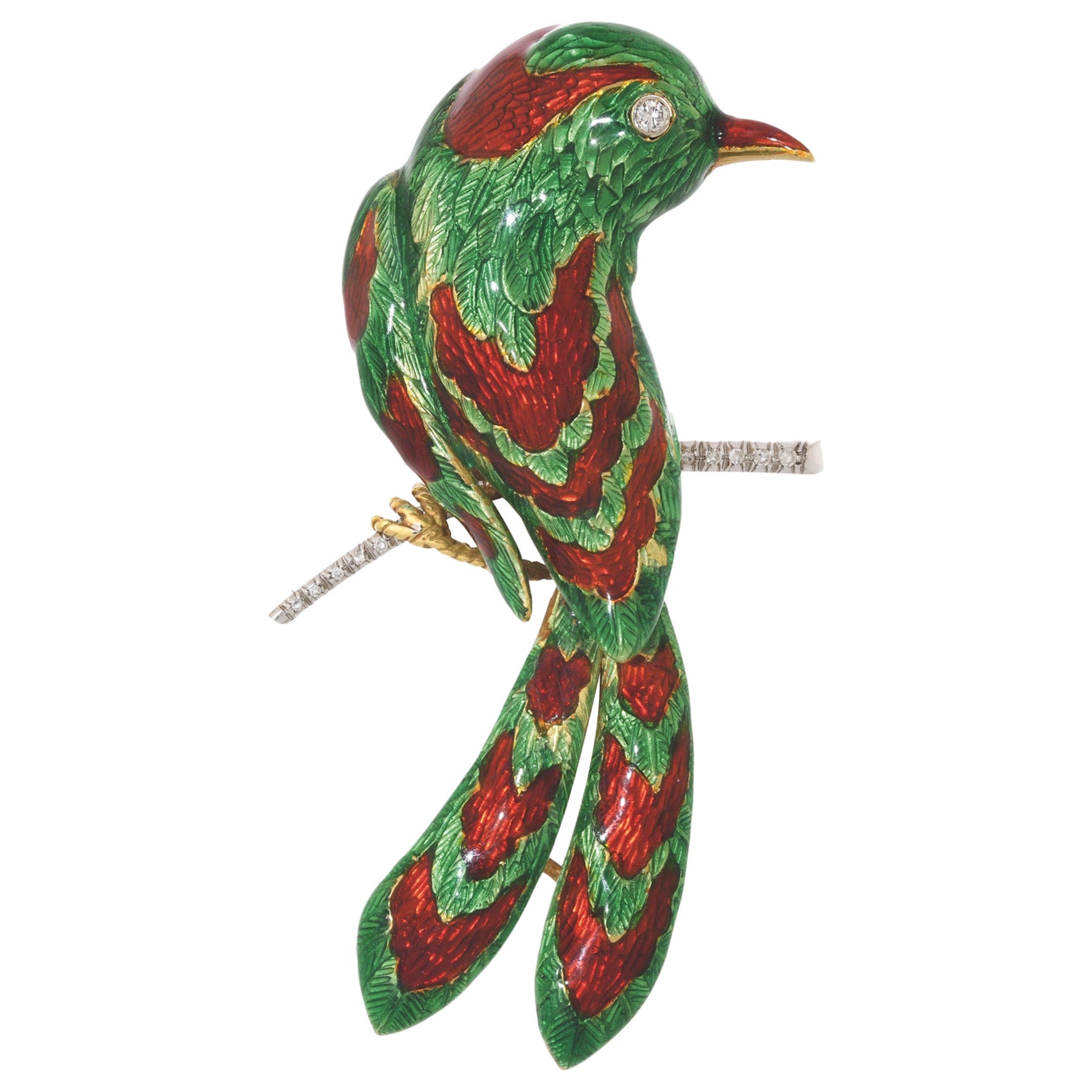 Oiseau du paradis avec diamants, or 18 carats et  Broche en émail guilloché