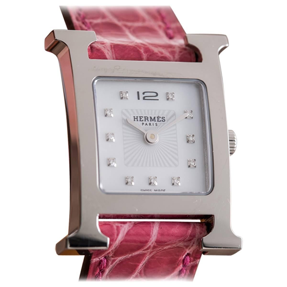 Hermes Ladies Stainless Steel Mother of Pearl Dial H-Our Wristwatch