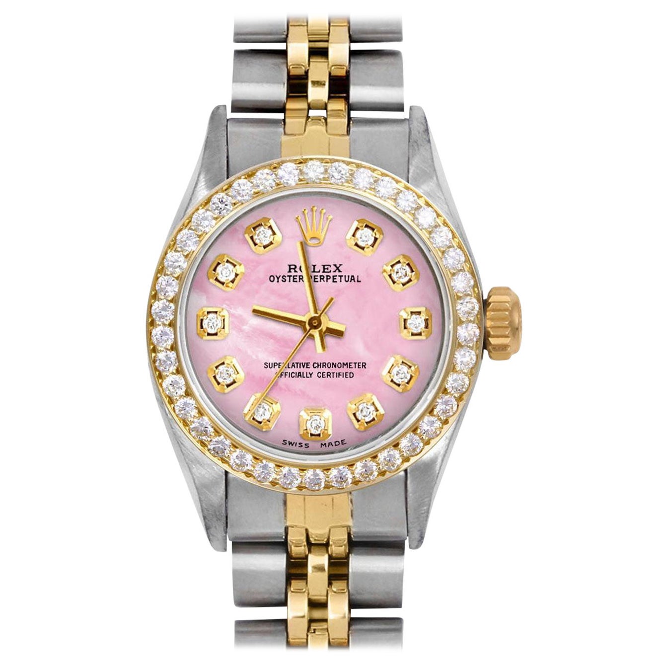 Rolex Ladies TT Oyster Perpetual Pink MOP Diamond Dial Diamond Bezel Watch For Sale