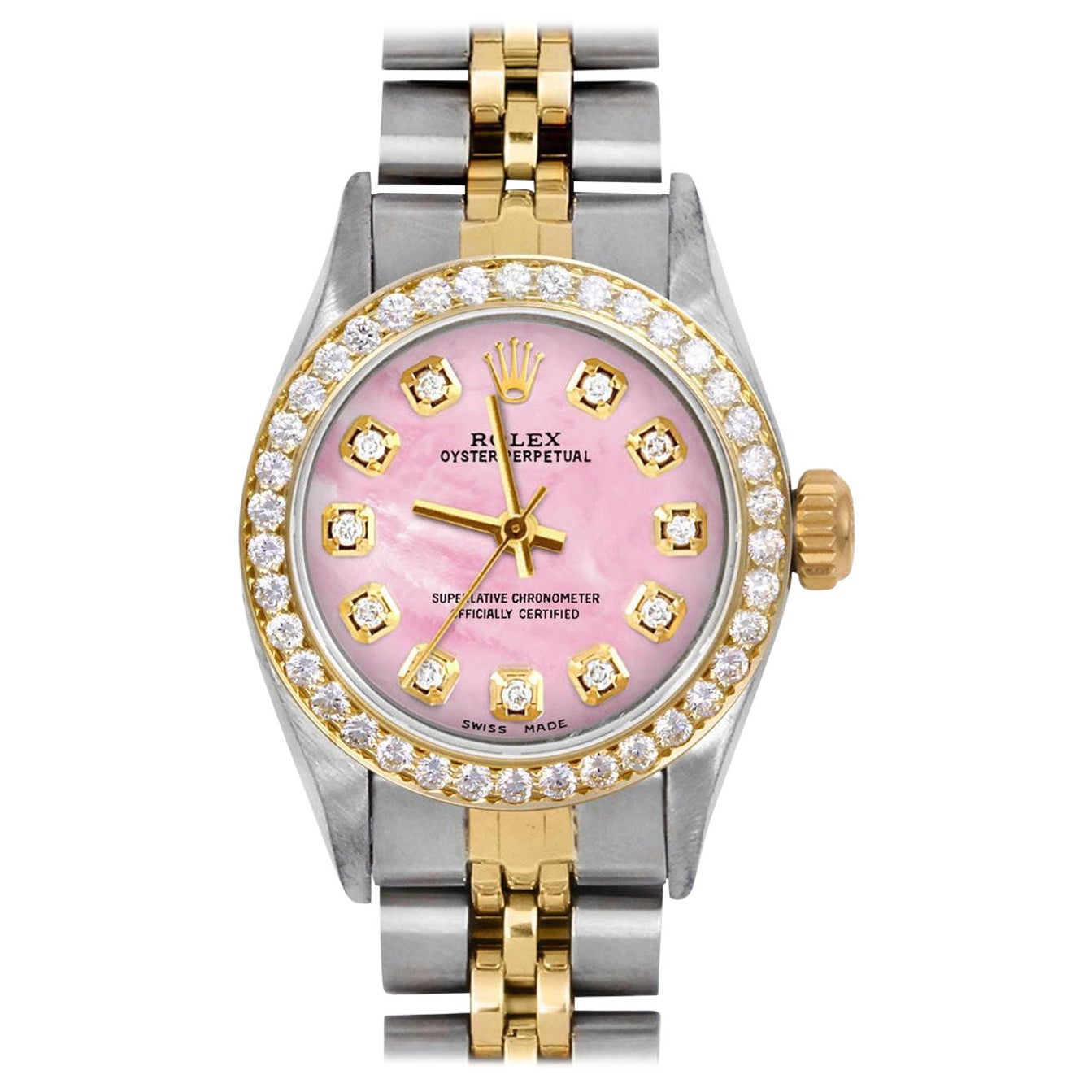 Rolex Donna TT Oyster Perpetual Pink MOP Quadrante con Diamante Lunetta con Diamante