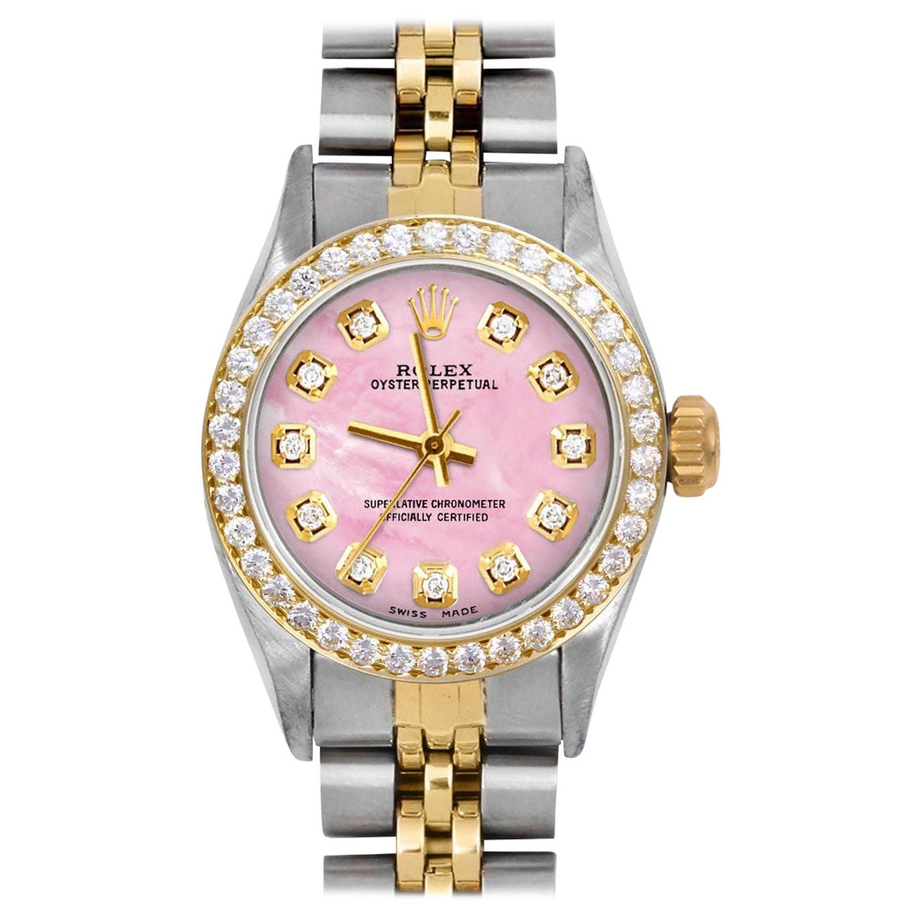 Rolex Montre Oyster Perpetual TT rose avec cadran en diamants et lunette en diamants, pour femmes en vente