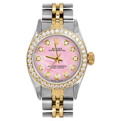 Retro Rolex Ladies TT Oyster Perpetual Pink MOP Diamond Dial Diamond Bezel Watch