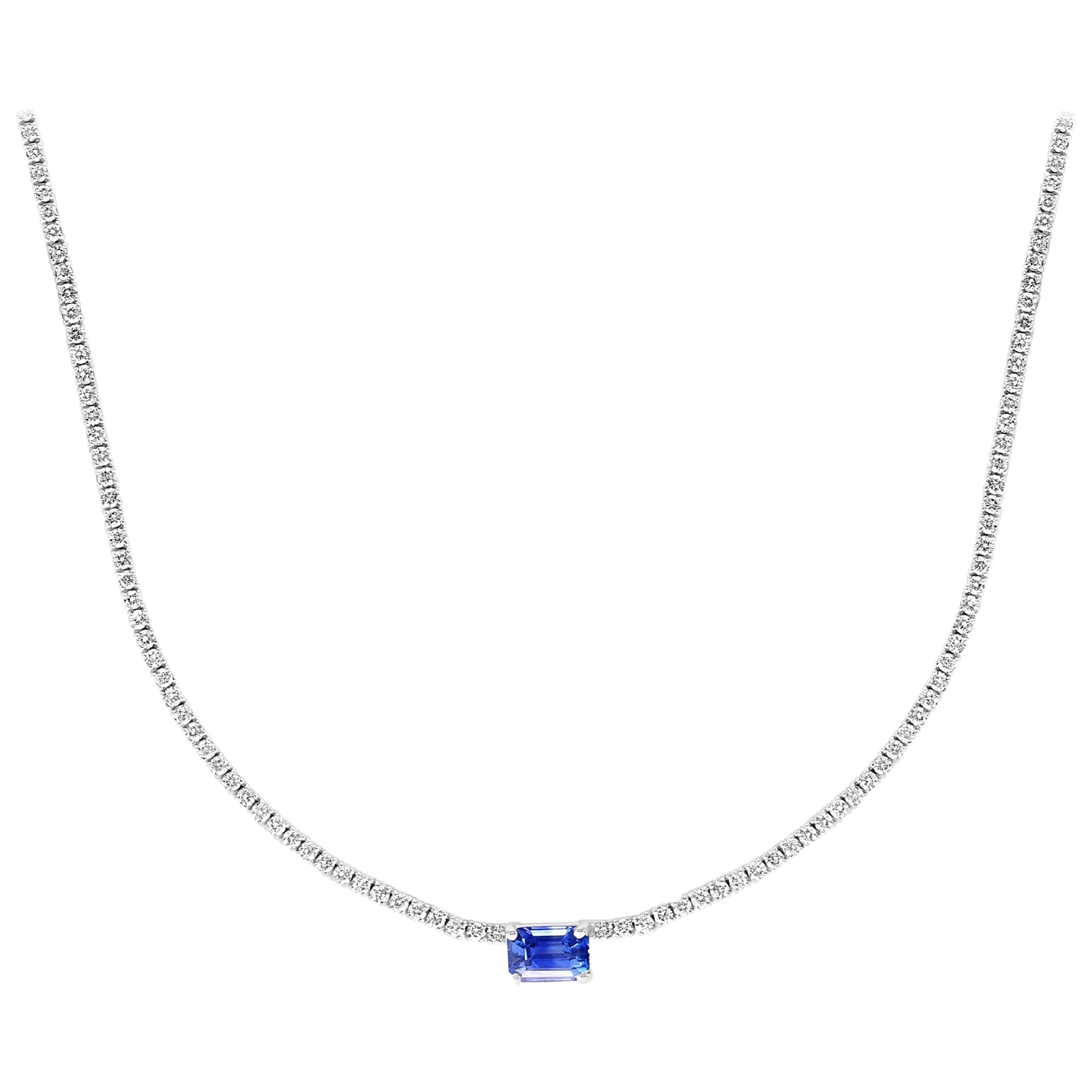 1.49 Carat Emerald cut Sapphire and Diamond Tennis Necklace in 14K White Gold For Sale