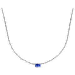 1.49 Carat Emerald cut Sapphire and Diamond Tennis Necklace in 14K White Gold